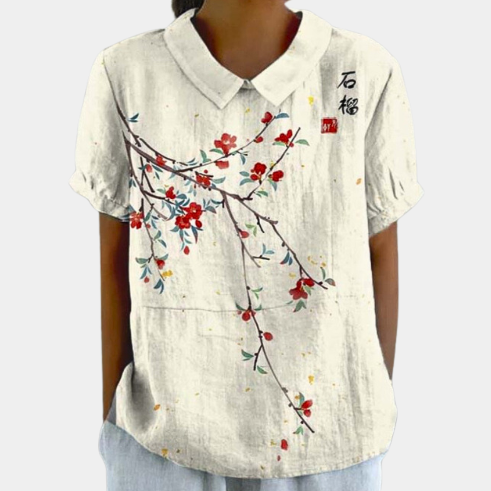 Marlowe Blouse Femme – Haut Fleuri à Col Claudine avec Manches Courtes & Style Décontracté