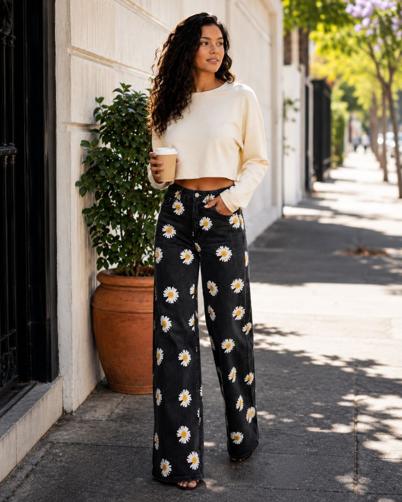 Kathryn Jean Femme – Jean Wide Leg à Imprimé Artistique au Style Tendance