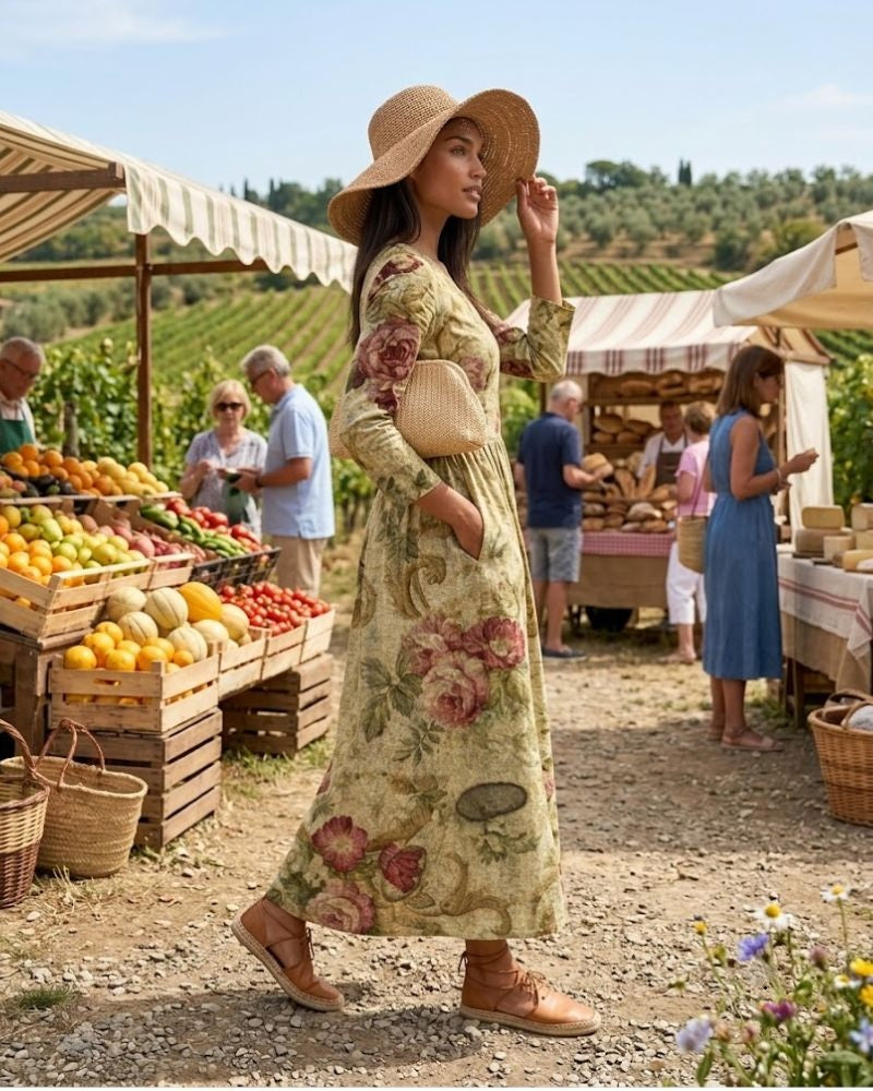 Scarlett Robe Maxi Fleurie Femme Col V Fluide Élégante avec Poches Chic