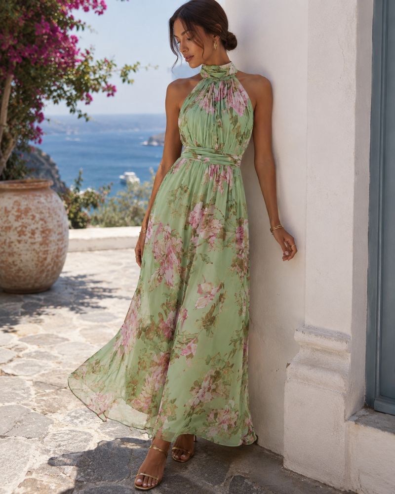 Ariella Robe Maxi Fleurie Femme Col Halter Élégante pour Cérémonies Chic