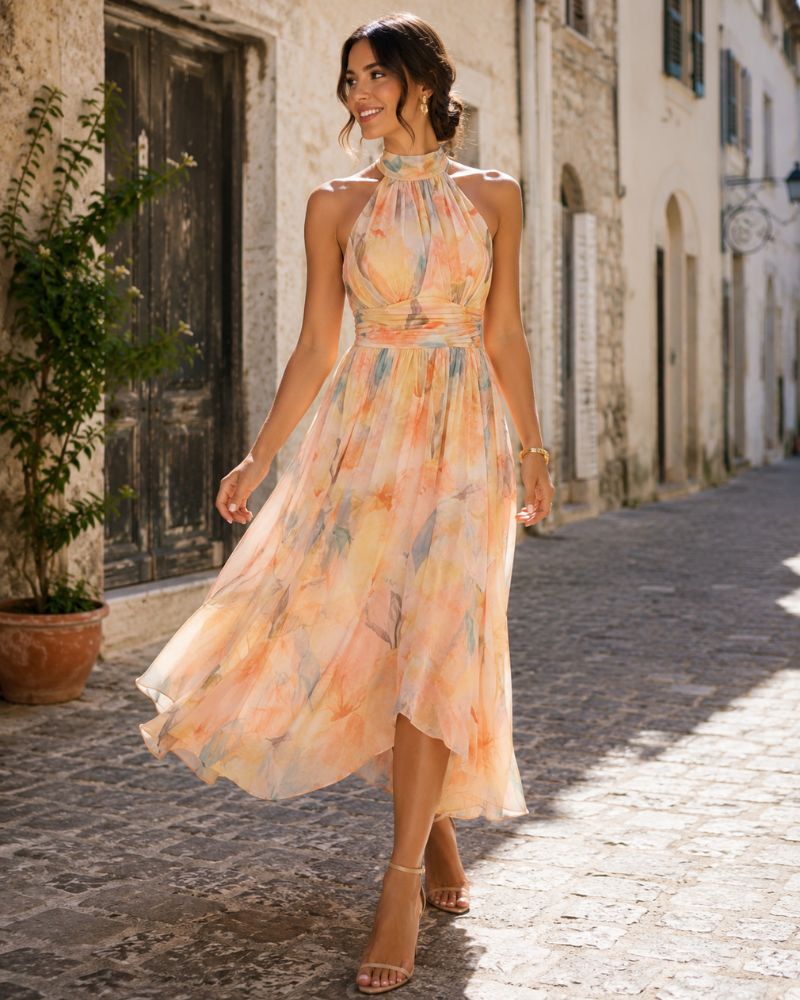 Aubrey Robe Maxi Fleurie Femme Col Halter Élégante pour Soirées et Cérémonies