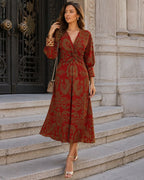 Mallory Robe Midi Femme Imprimé Botanique Col V Élégante pour Cérémonies Chic