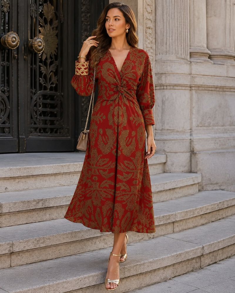 Mallory Robe Midi Femme Imprimé Botanique Col V Élégante pour Cérémonies Chic