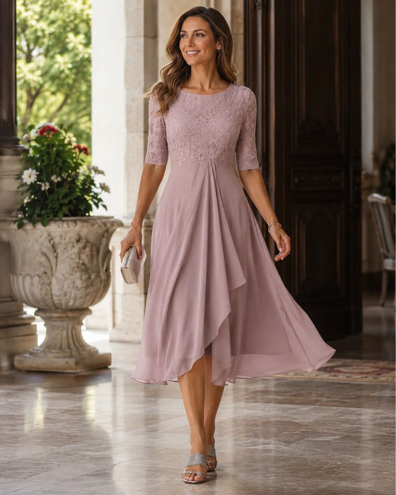 Delilah Robe Midi Femme en Mousseline avec Dentelle Élégante pour Cérémonies