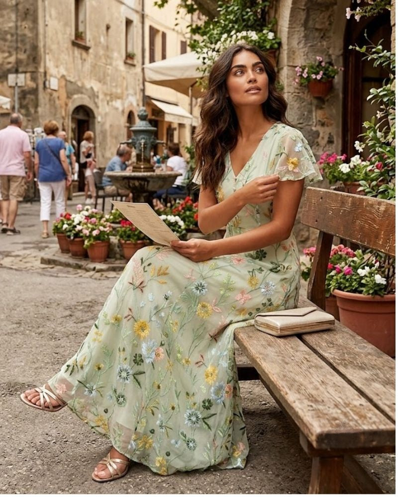 Aurélie Robe Maxi Femme en Mousseline Fleurie Col V Élégante et Fluide