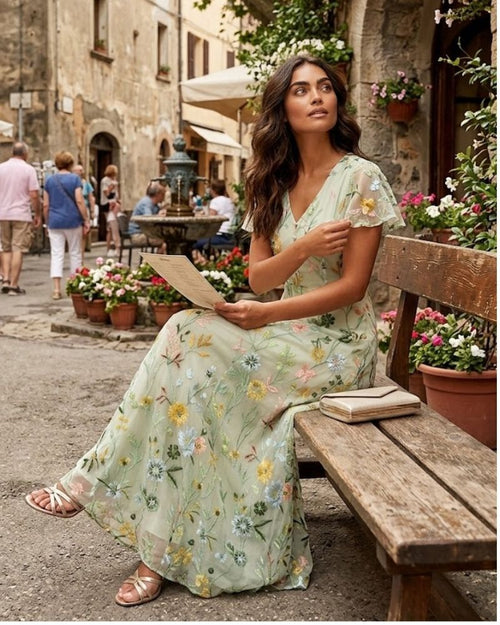 Aurélie Robe Maxi Femme en Mousseline Fleurie Col V Élégante et Fluide