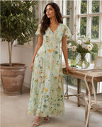 Aurélie Robe Maxi Femme en Mousseline Fleurie Col V Élégante et Fluide