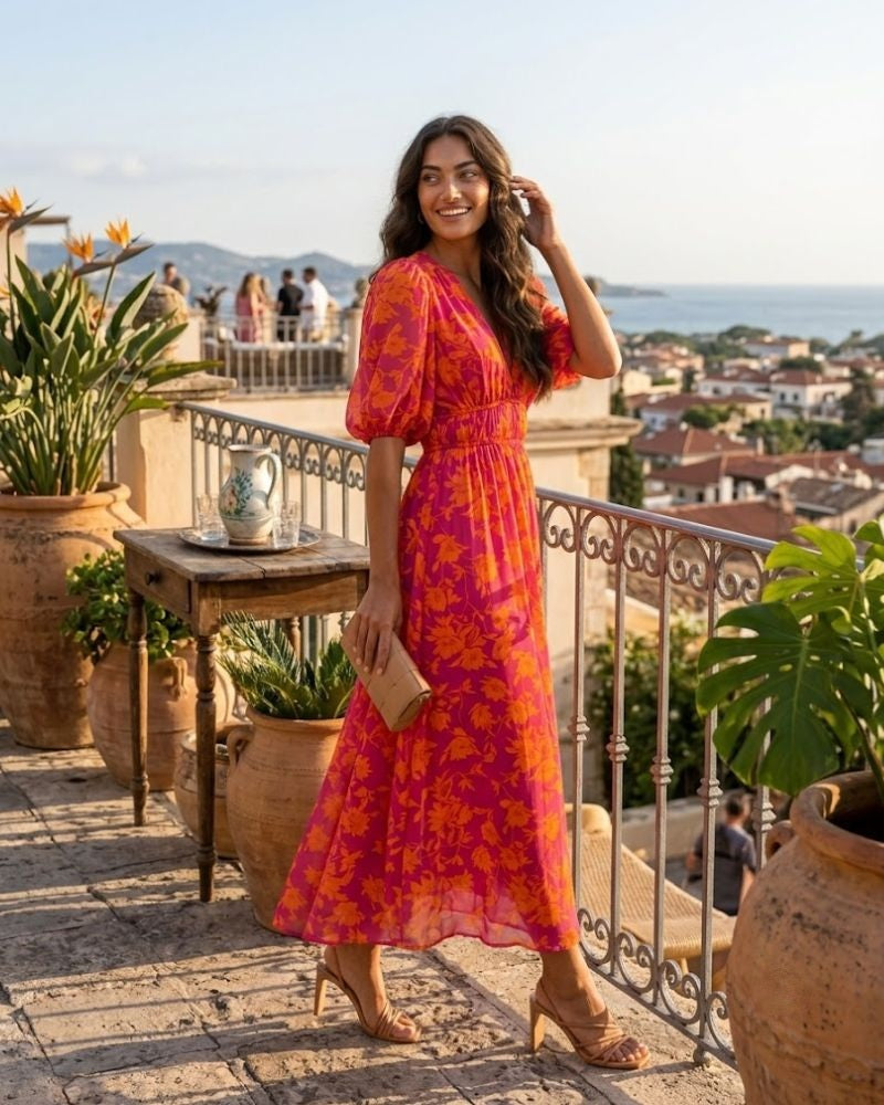 Kennedy Robe Maxi Fleurie Femme Col V Manches Courtes Élégante de Soirée