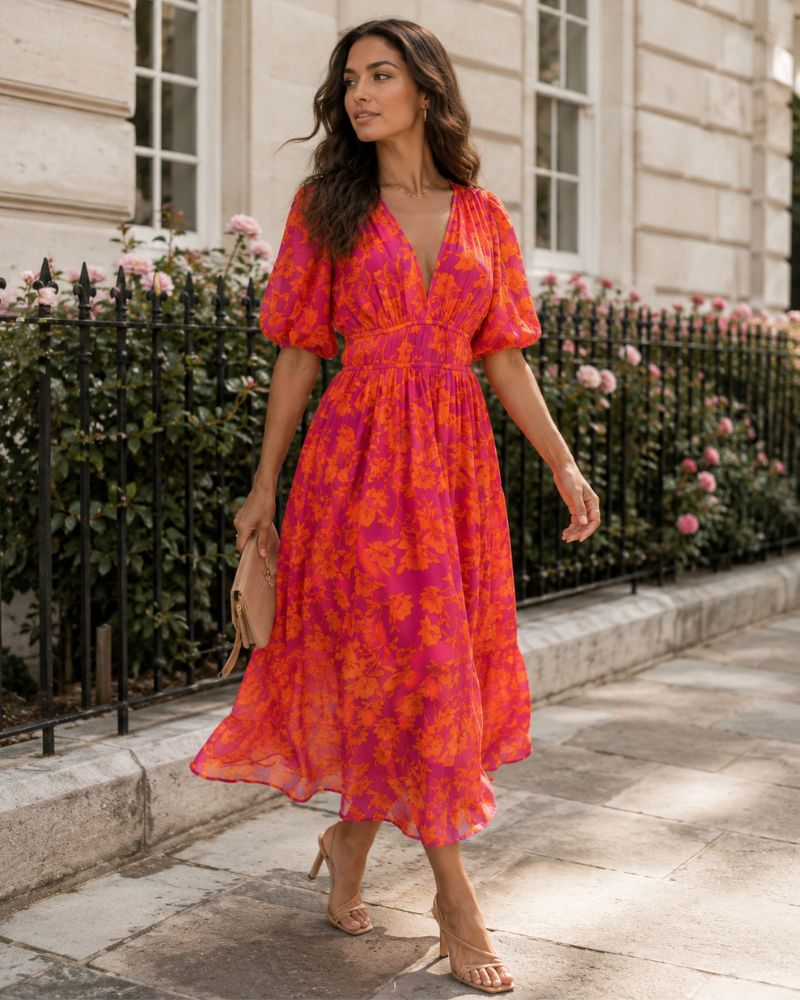 Kennedy Robe Maxi Fleurie Femme Col V Manches Courtes Élégante de Soirée