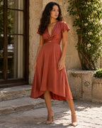 Janine Robe Midi Femme Asymétrique à Taille Nouée et Manches Papillon