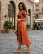 Janine Robe Midi Femme Asymétrique à Taille Nouée et Manches Papillon