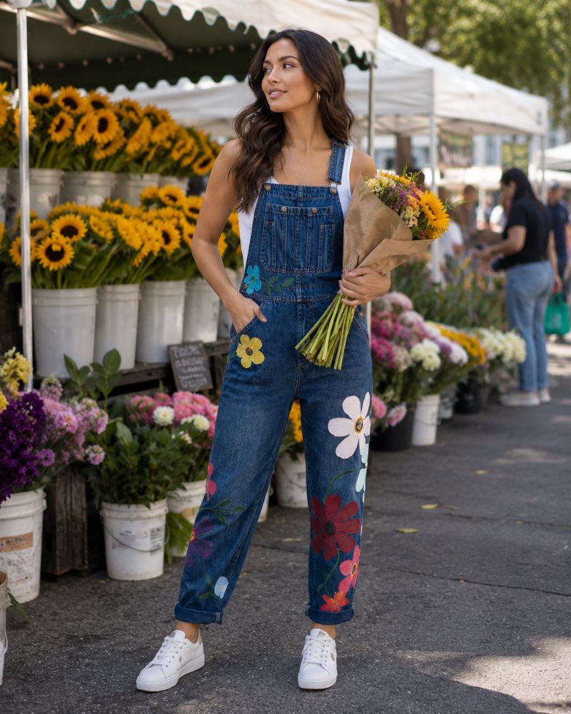 Willow Combinaison Salopette Femme en Jean Fleurie Coupe Ample Décontractée Chic