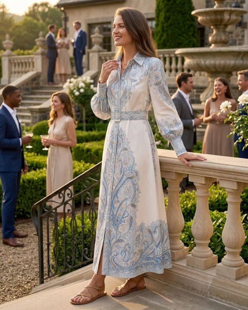 Victoria Robe Maxi Femme Imprimé Cachemire avec Ceinture et Col Élégant Chic