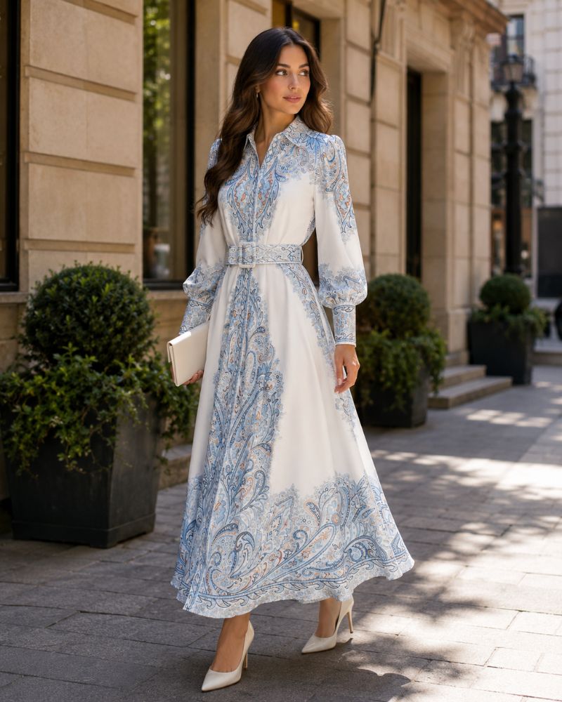 Victoria Robe Maxi Femme Imprimé Cachemire avec Ceinture et Col Élégant Chic