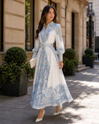 Victoria Robe Maxi Femme Imprimé Cachemire avec Ceinture et Col Élégant Chic