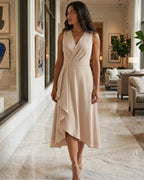 Sienna Women's Midi Dress – Asymmetric Sleeveless with Wrap Neckline