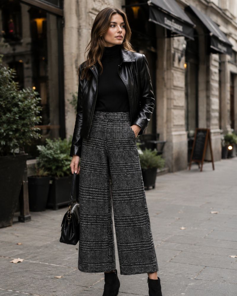 Avery Pantalon Femme à Carreaux Coupe Large Taille Haute Élégant Chic