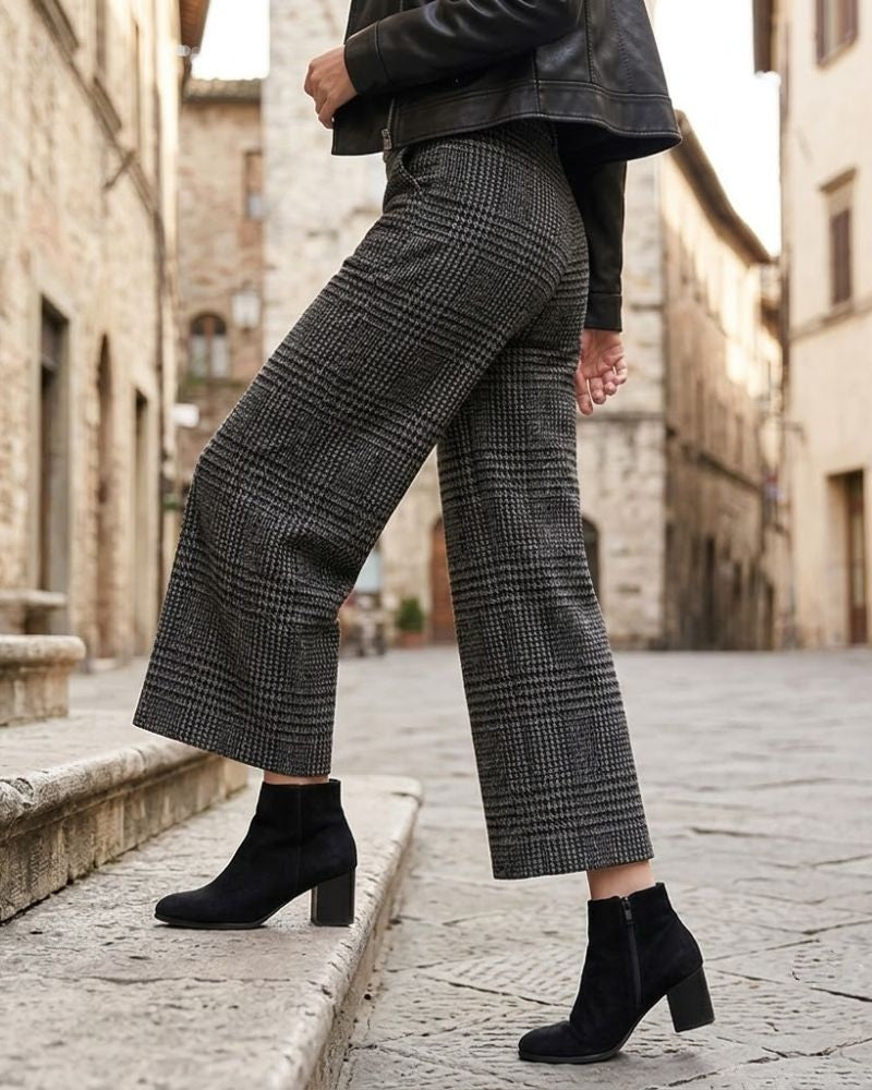 Avery Pantalon Femme à Carreaux Coupe Large Taille Haute Élégant Chic