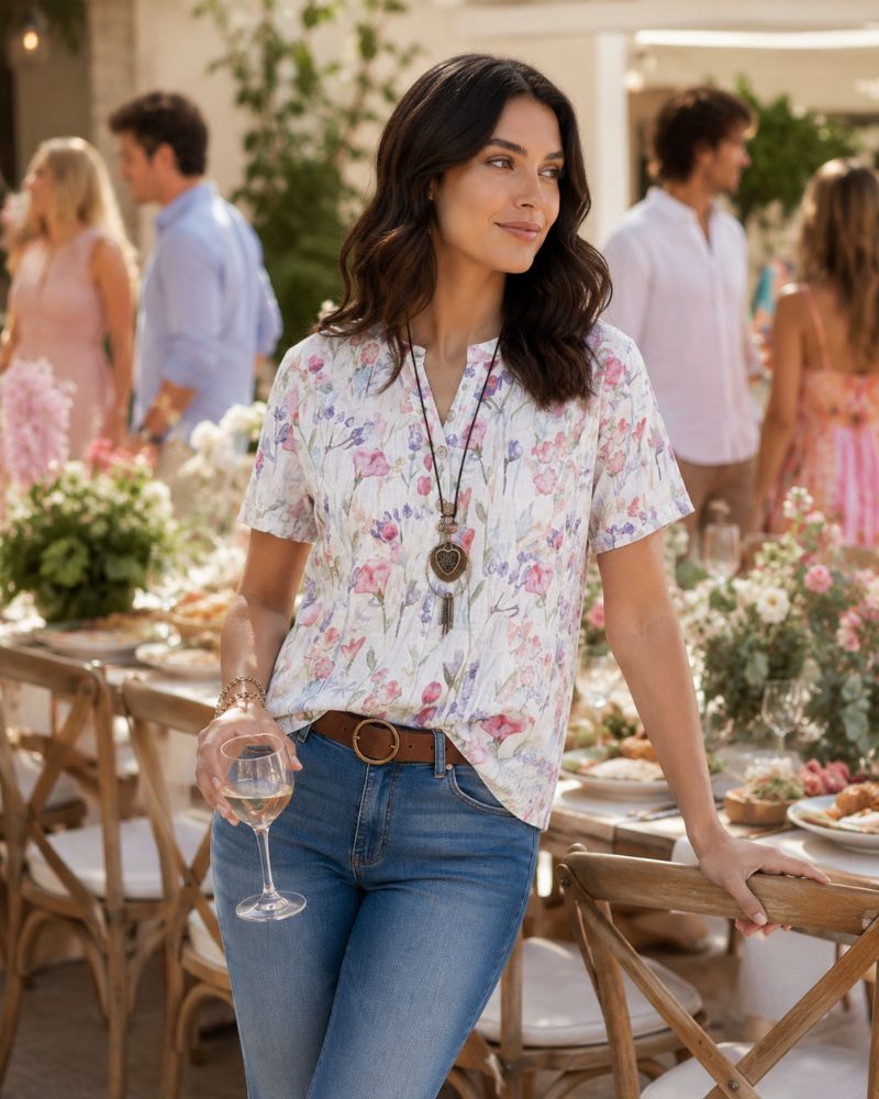 Chelsea Blouse Femme Fleurie Col V Manches Courtes Légère et Élégante Chic