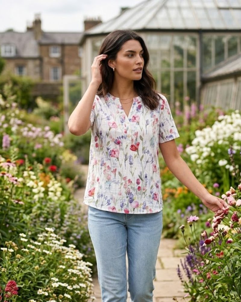 Chelsea Blouse Femme Fleurie Col V Manches Courtes Légère et Élégante Chic