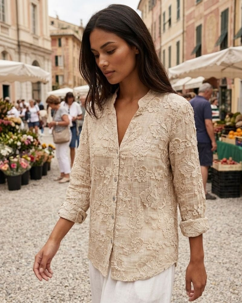Camille Blouse Femme Effet Lin à Fleurs Relief 3D Col V Élégante Beige