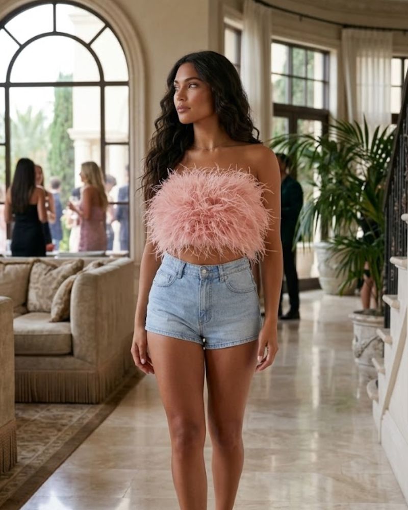 Madison Top Bandeau Femme à Plumes Glamour Sans Bretelles pour Soirées Chic