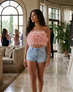 Madison Top Bandeau Femme à Plumes Glamour Sans Bretelles pour Soirées Chic