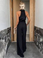 Noémie Women's Jumpsuit – Sleeveless Model with Shirt Collar, Wide Legs & Pockets