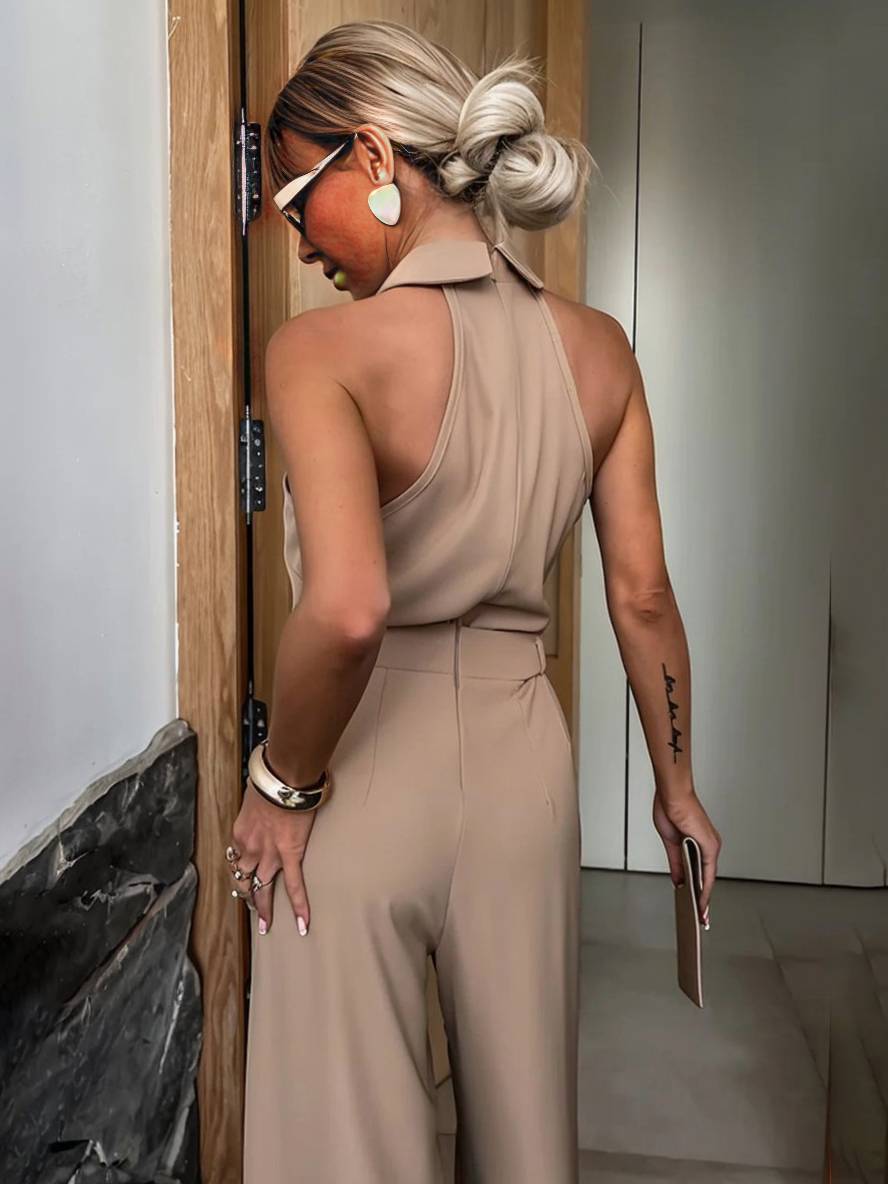 Noémie Women's Jumpsuit – Sleeveless Model with Shirt Collar, Wide Legs & Pockets