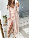 Aurélie Robe Longue Femme – Décolleté en V, Manches Longues & Fente Latérale