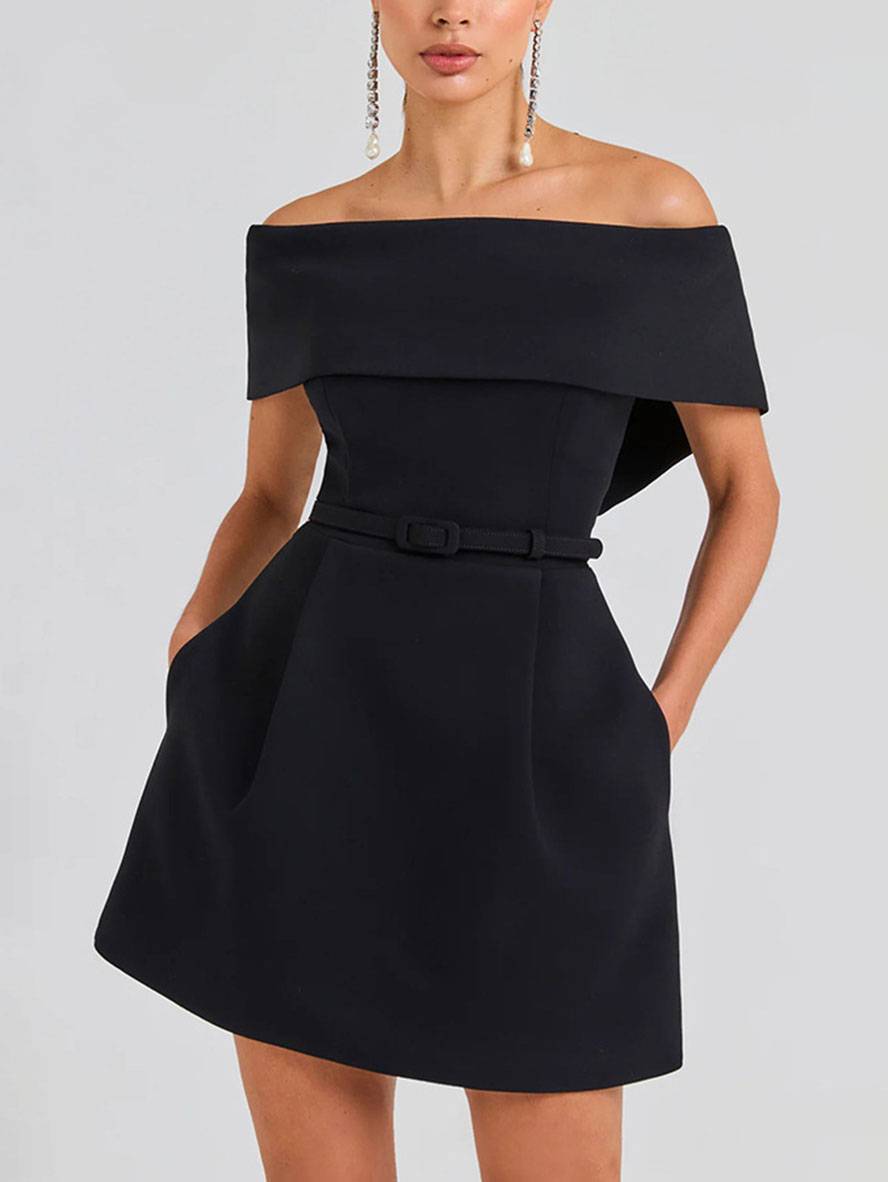 Parker Robe de Cocktail Femme – Robe Patineuse à Épaules Dénudées avec Ceinture Élégante