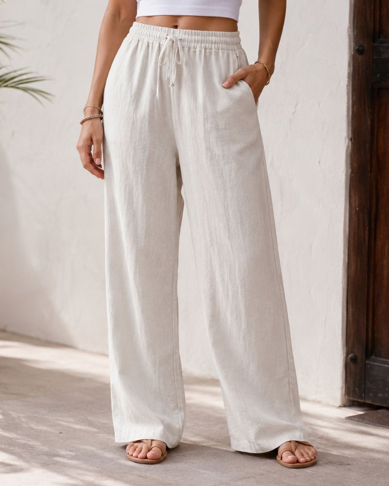 Melissa Pantalon Palazzo en Coton et Lin – Pantalon Léger à Taille Élastique avec Poches