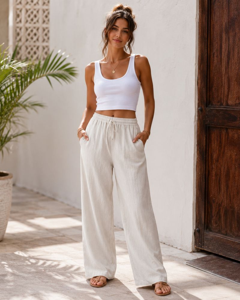 Melissa Pantalon Palazzo en Coton et Lin – Pantalon Léger à Taille Élastique avec Poches