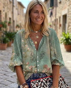 Élise Blouse Femme – Blouse Fleurie à Boutons et Manches Mi-Longues