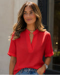 Aurora Blouse Femme – Col Montant Élégant, Encolure V et Coupe Fluide Chic