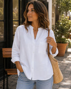 Eliana Blouse Femme – Col V Sans Col, Boutonnage Intégral et Coupe Ajustée