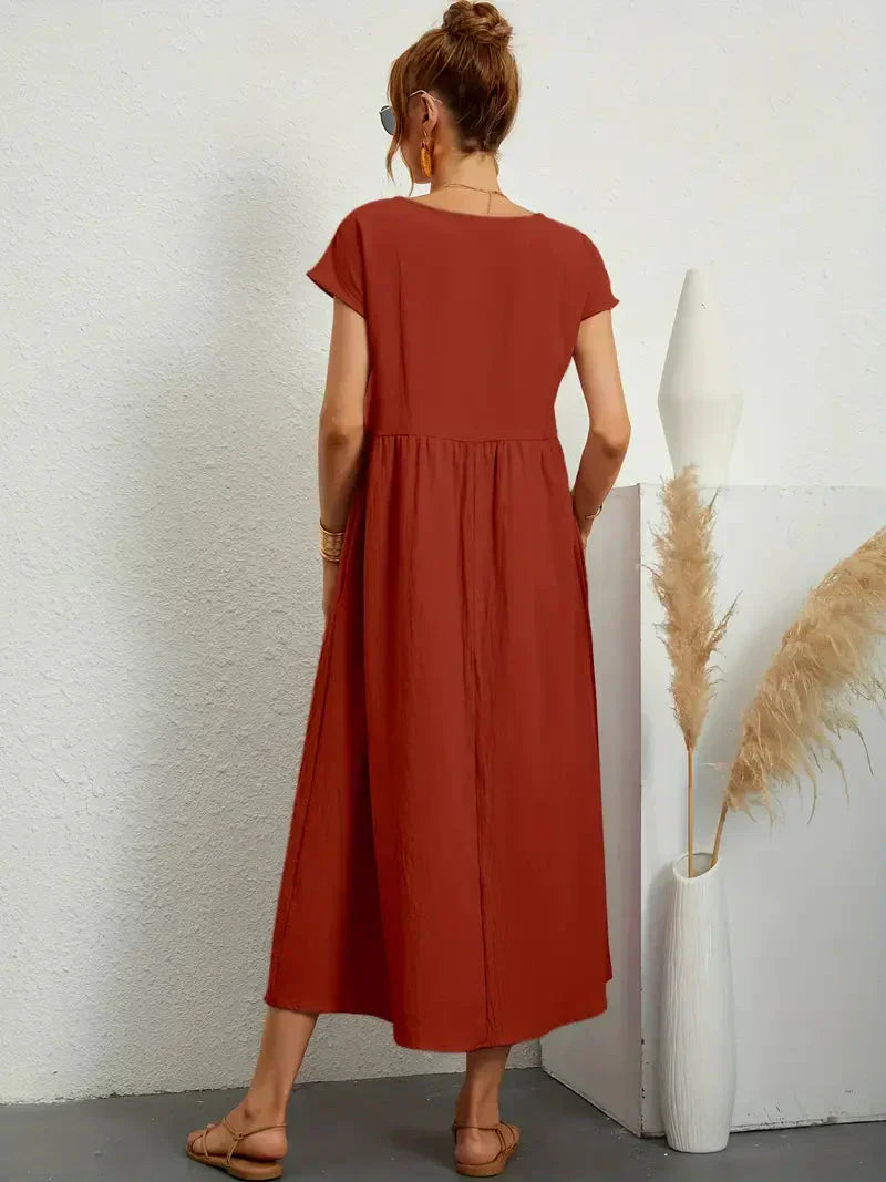 Abito Lungo Emily da Donna – Abito Maxi Fluido con Maniche Corte, Tasche e Stile Casual Chic  