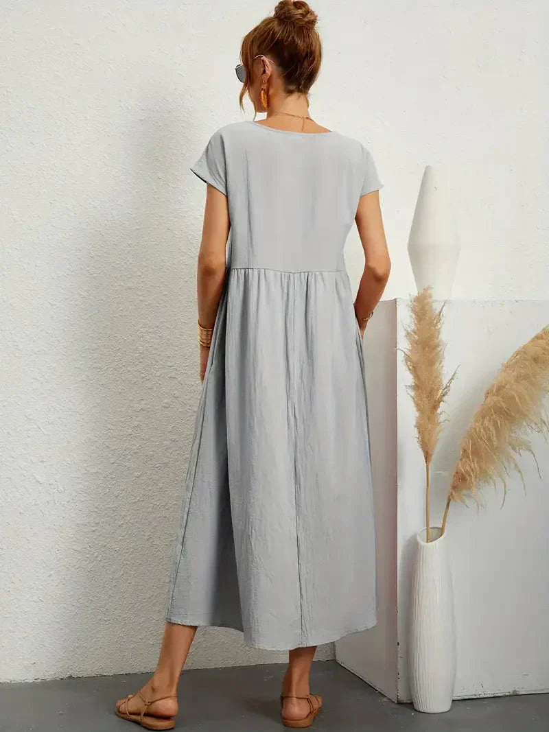 Abito Lungo Emily da Donna – Abito Maxi Fluido con Maniche Corte, Tasche e Stile Casual Chic  
