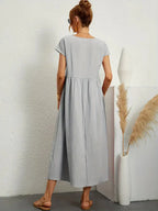 Abito Lungo Emily da Donna – Abito Maxi Fluido con Maniche Corte, Tasche e Stile Casual Chic  