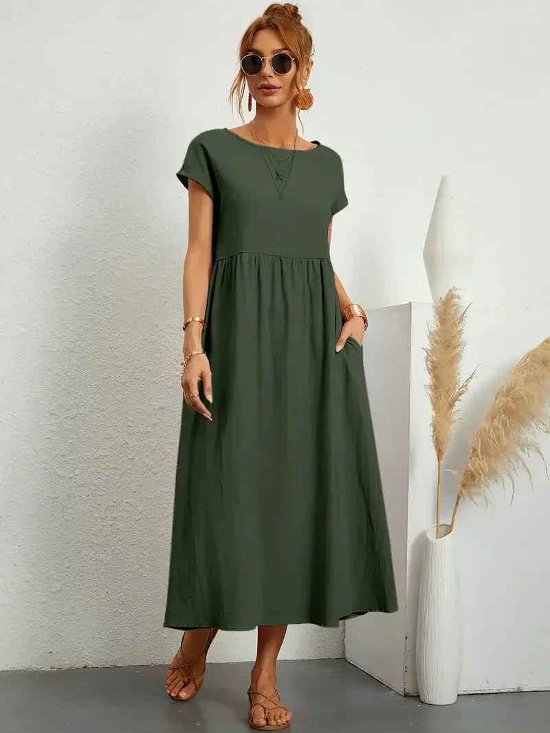 Emily Robe Longue Femme – Robe Maxi Fluide à Manches Courtes avec Poches et Style Décontracté Chic