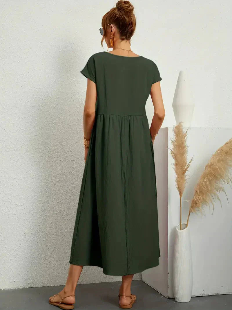 Abito Lungo Emily da Donna – Abito Maxi Fluido con Maniche Corte, Tasche e Stile Casual Chic  
