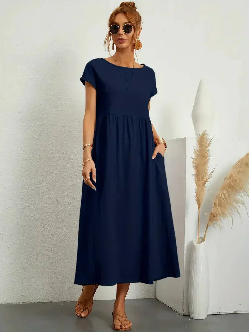 Emily Robe Longue Femme – Robe Maxi Fluide à Manches Courtes avec Poches et Style Décontracté Chic