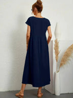 Abito Lungo Emily da Donna – Abito Maxi Fluido con Maniche Corte, Tasche e Stile Casual Chic  