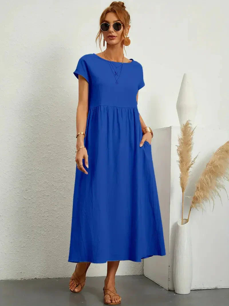 Emily Robe Longue Femme – Robe Maxi Fluide à Manches Courtes avec Poches et Style Décontracté Chic