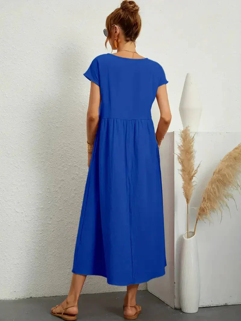 Abito Lungo Emily da Donna – Abito Maxi Fluido con Maniche Corte, Tasche e Stile Casual Chic  