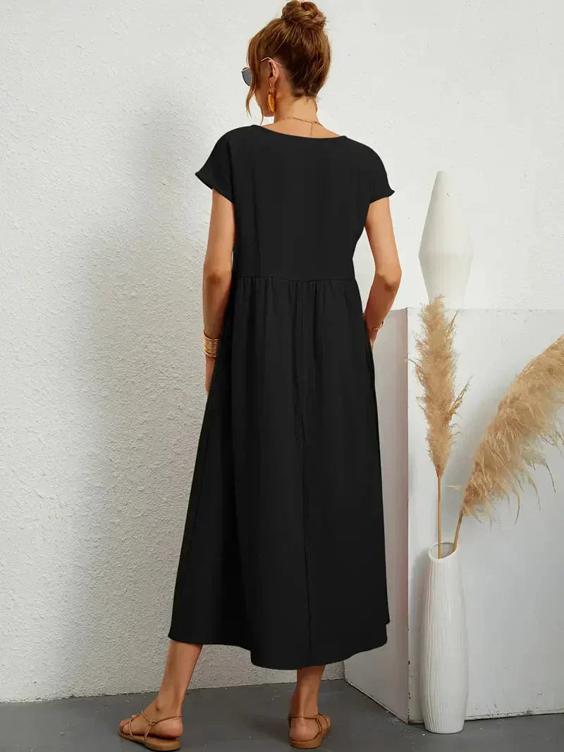 Abito Lungo Emily da Donna – Abito Maxi Fluido con Maniche Corte, Tasche e Stile Casual Chic  