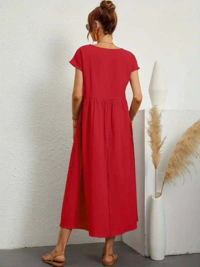 Abito Lungo Emily da Donna – Abito Maxi Fluido con Maniche Corte, Tasche e Stile Casual Chic  