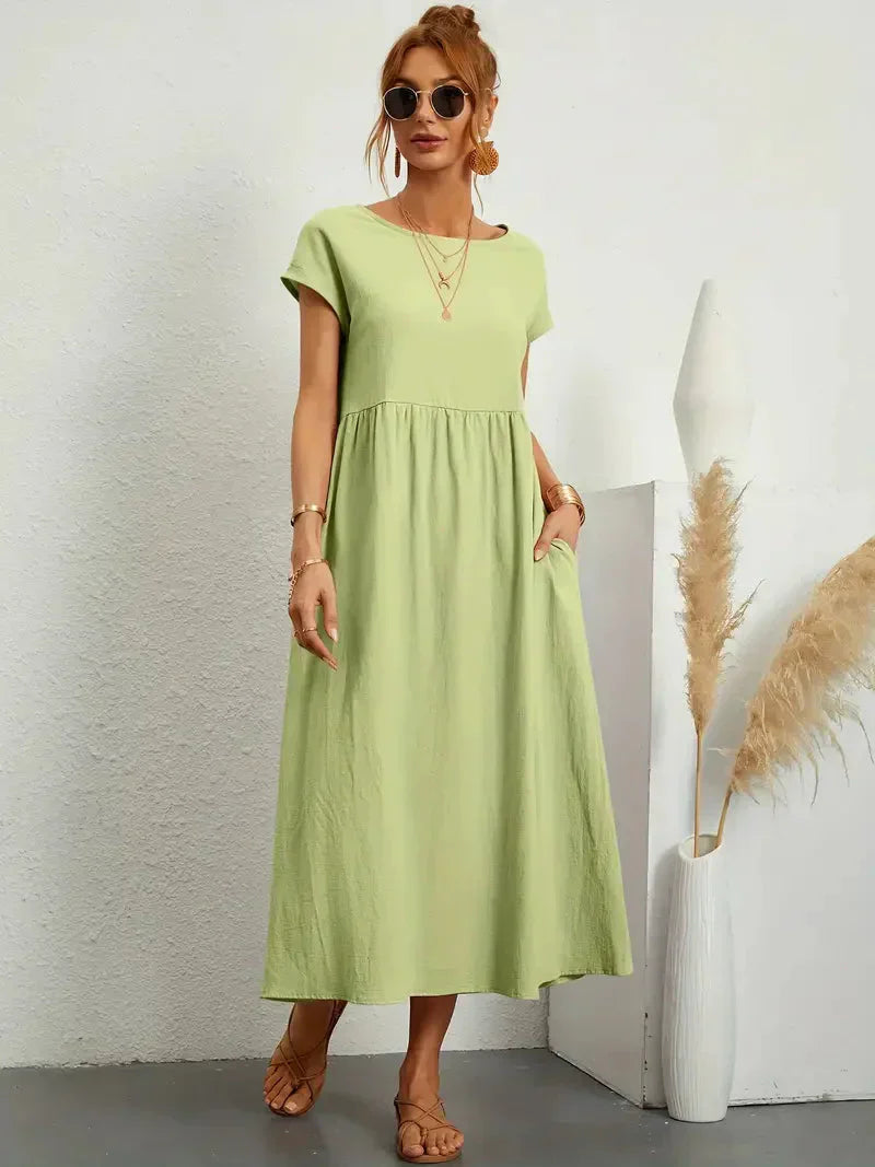 Emily Robe Longue Femme – Robe Maxi Fluide à Manches Courtes avec Poches et Style Décontracté Chic