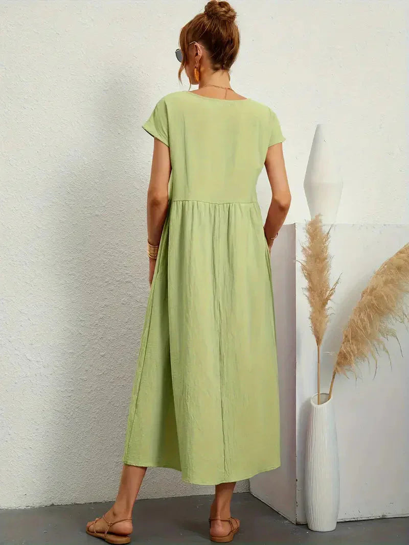 Abito Lungo Emily da Donna – Abito Maxi Fluido con Maniche Corte, Tasche e Stile Casual Chic  