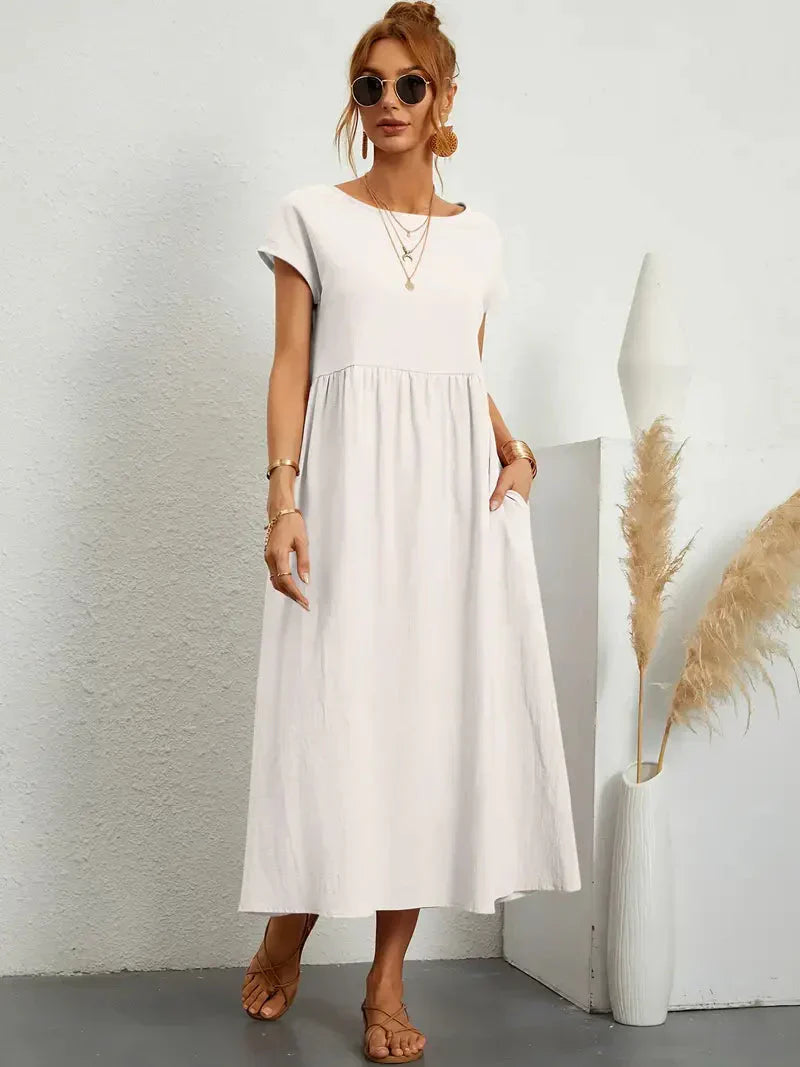 Emily Robe Longue Femme – Robe Maxi Fluide à Manches Courtes avec Poches et Style Décontracté Chic
